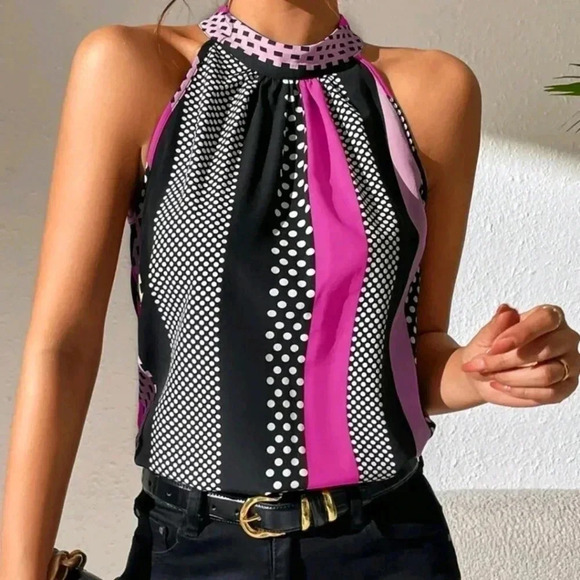 Polka Dot Print Key Hole Back Halter Neck Blouse - Picture 1 of 4